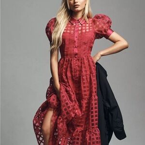 Organza Short-Sleeve Button-Front Midi Dress by English Factory in “Pink Combo”